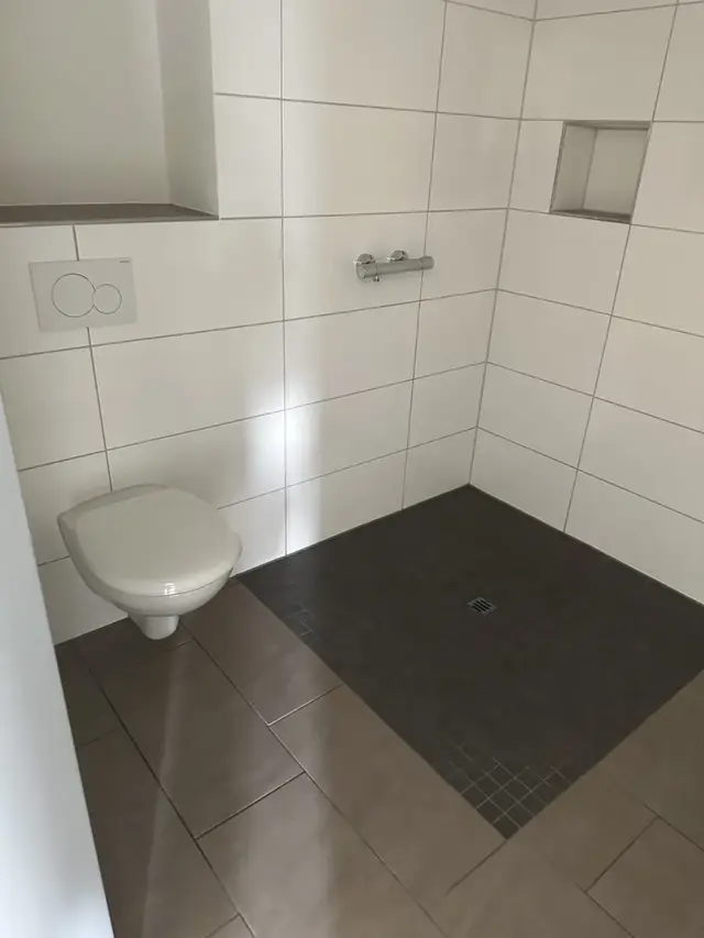 Gereinigter Sanitärraum mit WC, Dusche und Fliesen